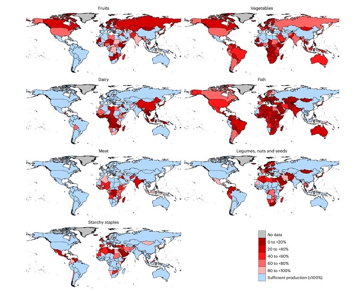 Figura 1  Autossuficiência alimentar por grupo nutricional em 186 países | Fonte: Nature Food, 2025