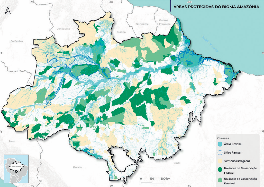 Áreas úmidas da Amazônia e sua localização em Sítios Ramsar, áreas protegidas e territórios sem proteção
