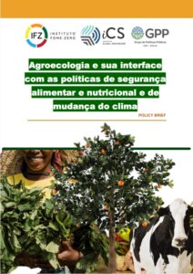 Policy brief cover with organizational logos and a bold green title about agroecology and its interface with food security, nutrition, and climate change; farmer with produce and a cow nearby.