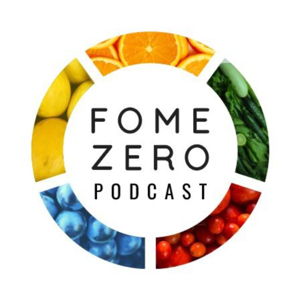 Logo for FOME ZERO PODCAST with a circle of colorful fruits and vegetables around a white center.