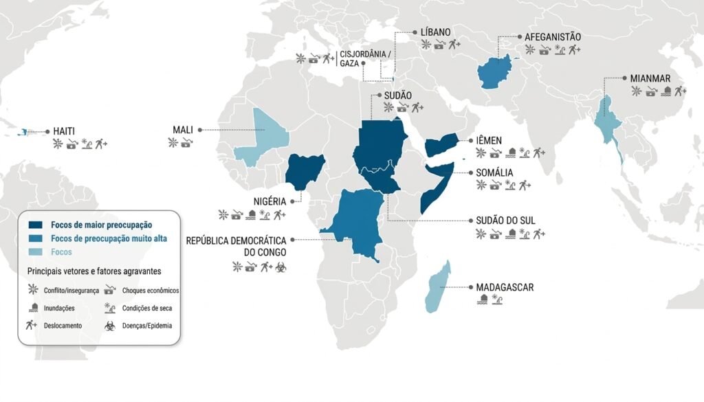 Mapa dos pontos críticos de fome identificados pelo sistema de alerta precoce junho a novembro de 2026 (FAO-PMA)